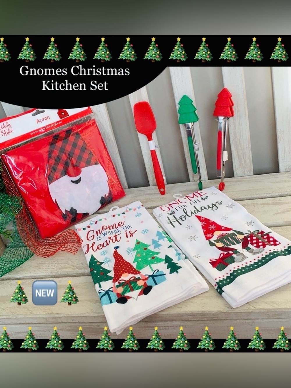 Gnomes Christmas Kitchen Set 2-Towels, 2-Tongs, 1- Spoon & Apron NEW